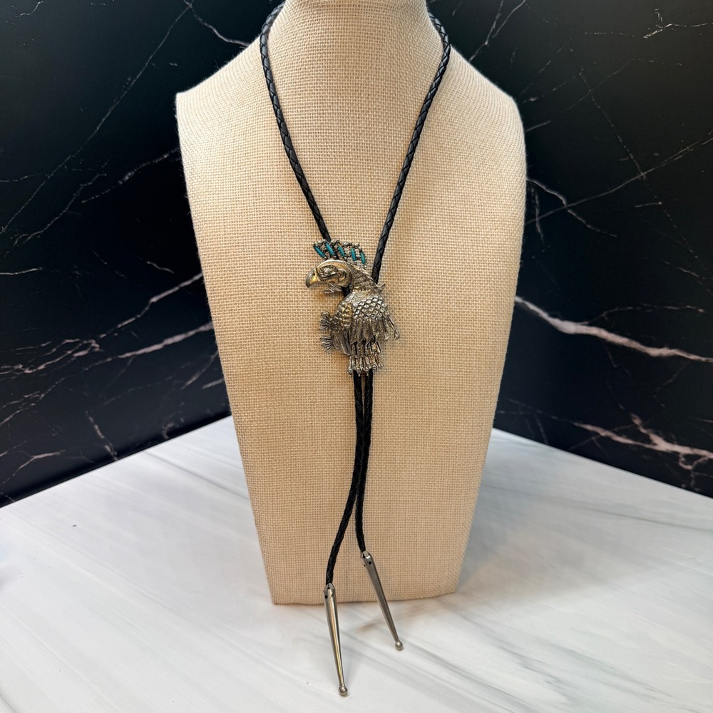 Vintage Parrot Bird Bolo Tie Silver Tone Blue Inlay Southwestern Western